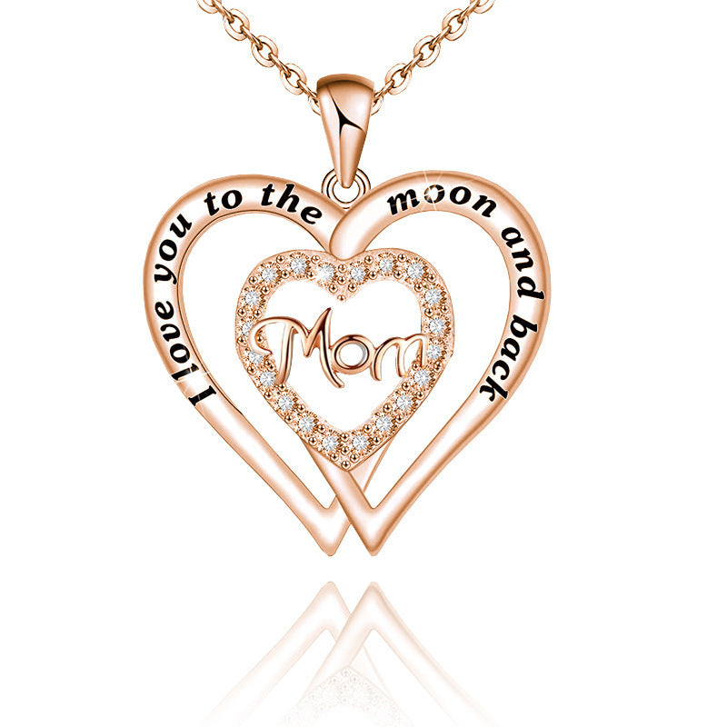 Wholesale Mother's Day Double Love Mom Diamond Set Alloy Necklace